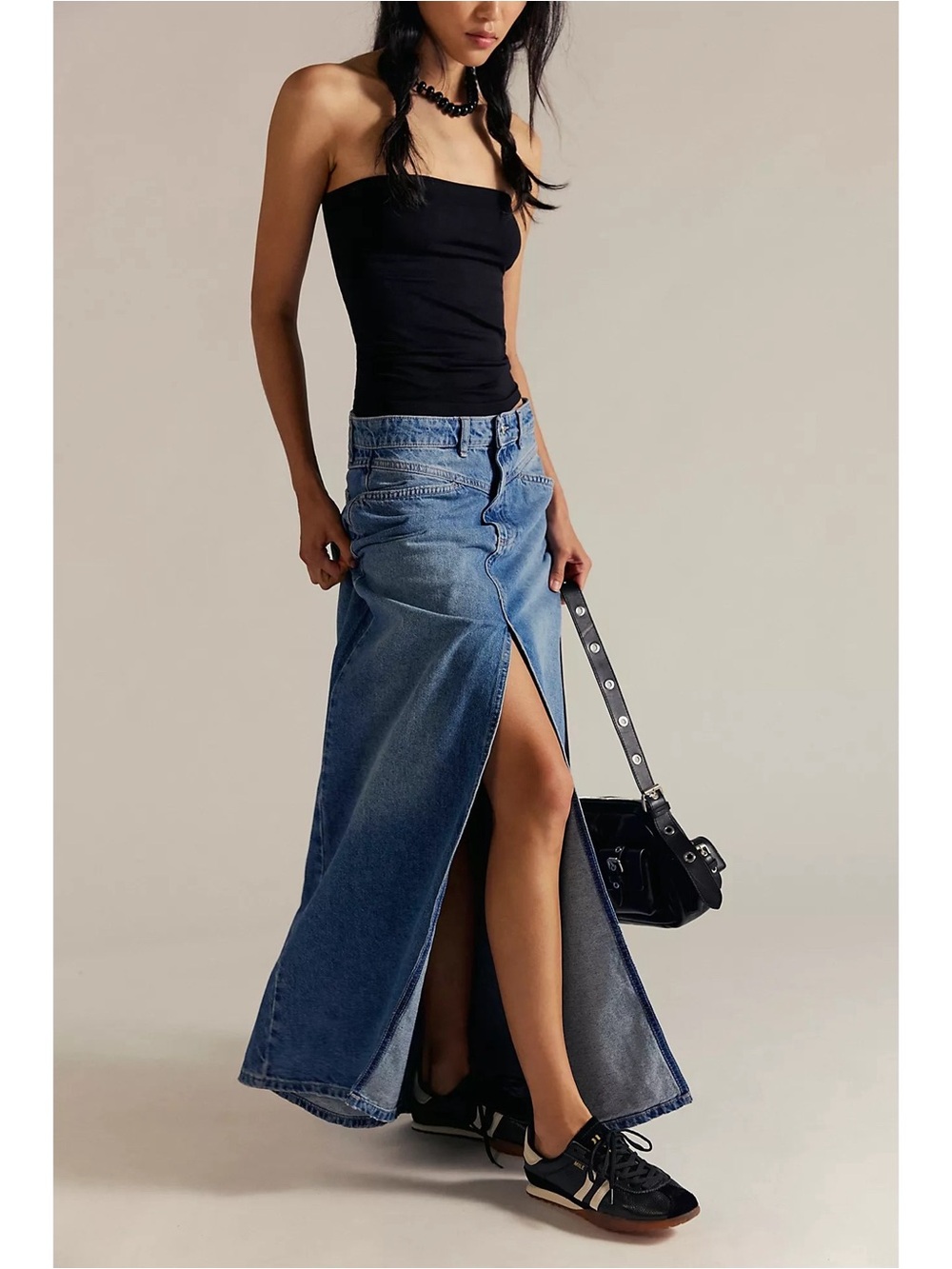 Free People We The Free Come As You Are Denim Maxi Skirt Sapphire Blue With Slit - Picture 2 of 12